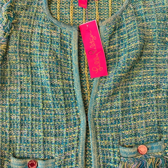 Lilly Pulitzer Simora Fringe Cardigan Evergreen Exotic Tweed Size XS NWT - Picture 6 of 9